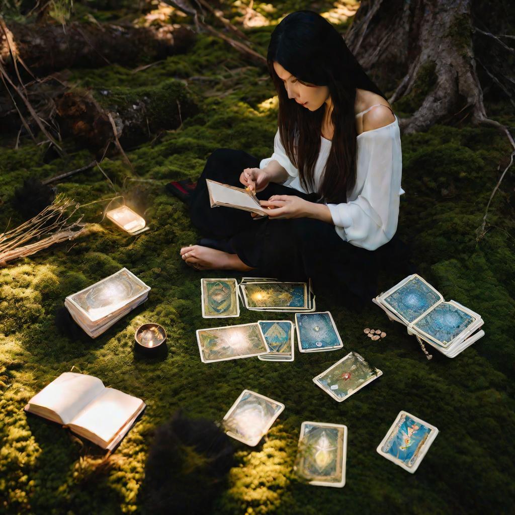 Женщина читает Матрицу Судьбы в лесу