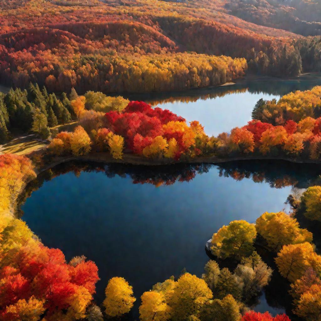 Осенний пейзаж с яркими деревьями возле озера