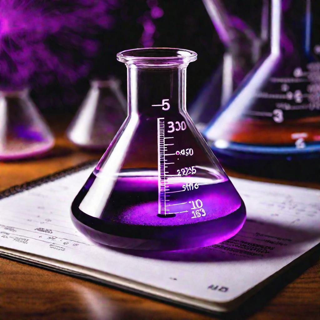 Колба с фиолетовым раствором на тетради с формулами