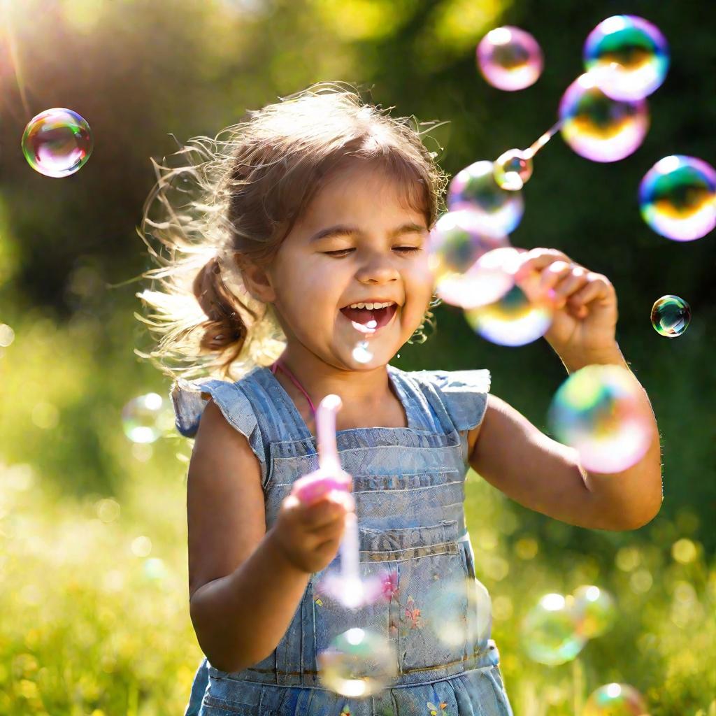 Девочка выдувает мыльные пузыри на улице в солнечный день