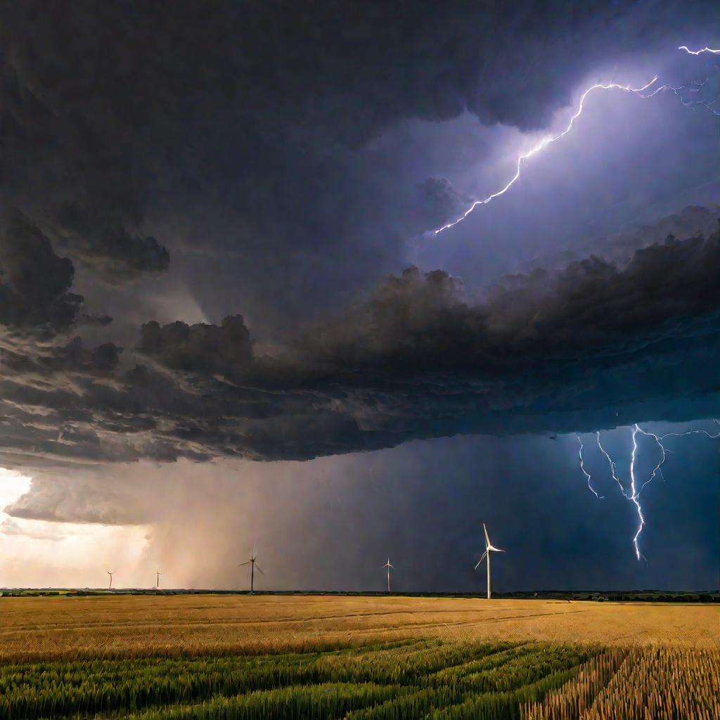 Буря с молниями над пшеничным полем с ветряками и нарастающим торнадо на заднем плане