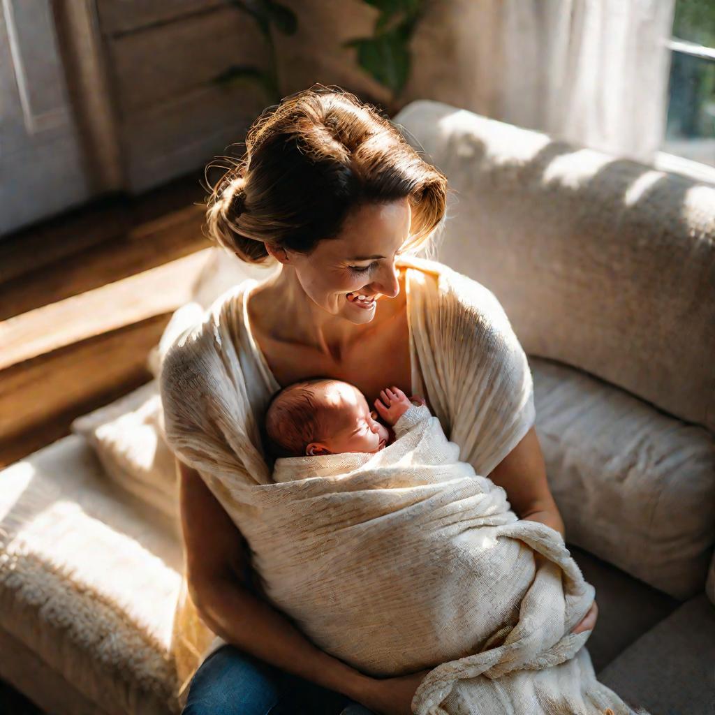Мать нежно прижимает к груди завернутого в одеяло новорожденного ребенка