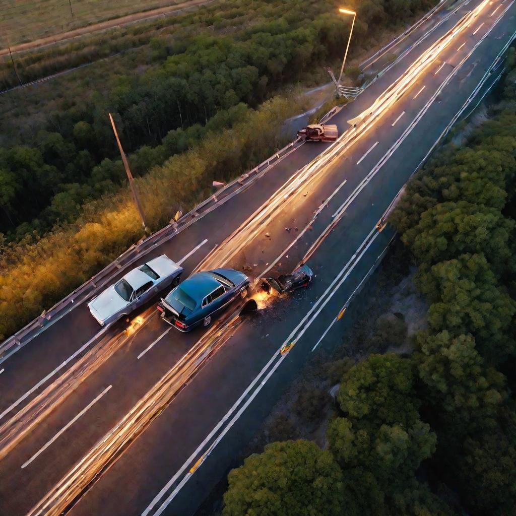 Авария старого люксового автомобиля на закате на трассе, другая машина едва ее избегает