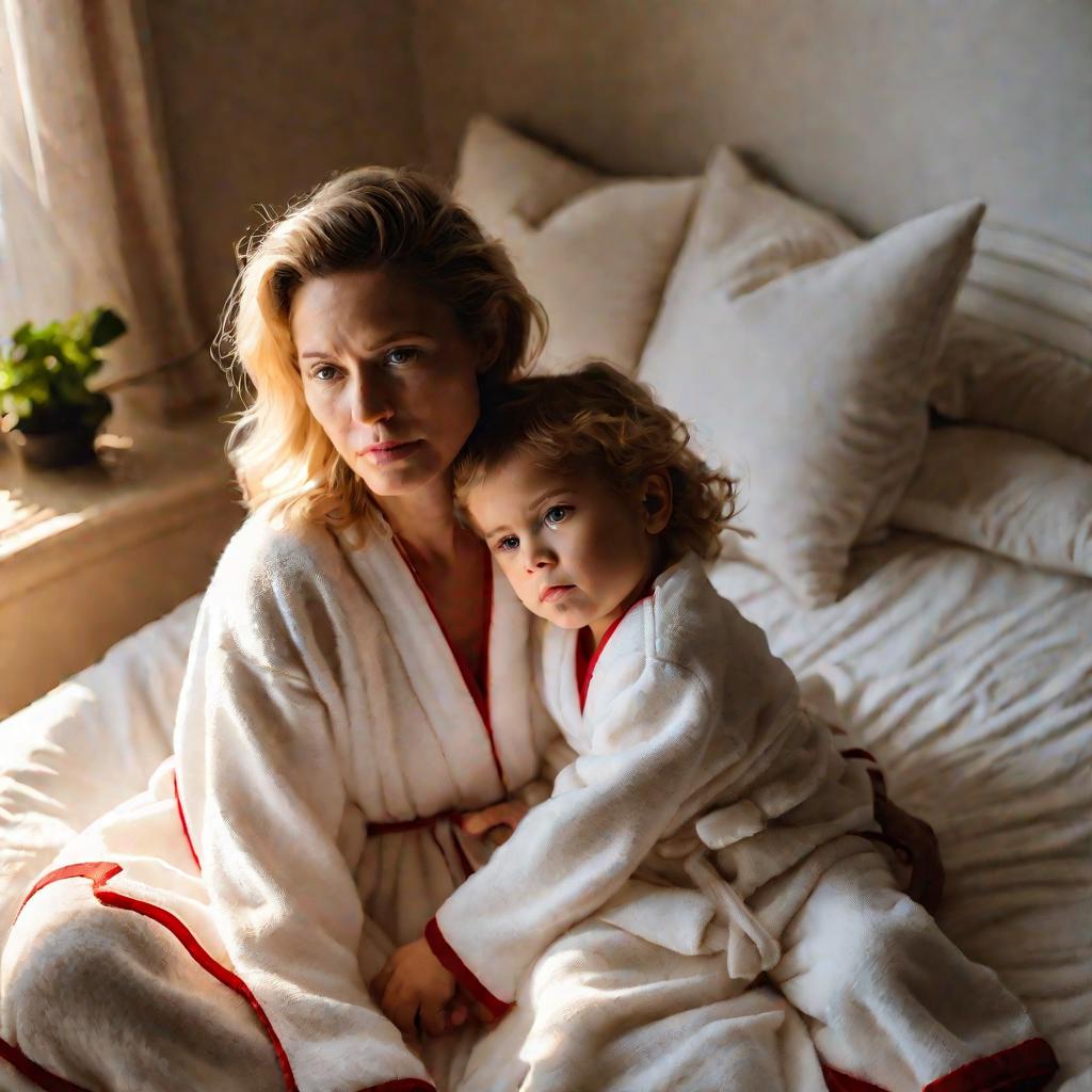 Портрет ребенка с красными опухшими глазами и матери утром в спальне