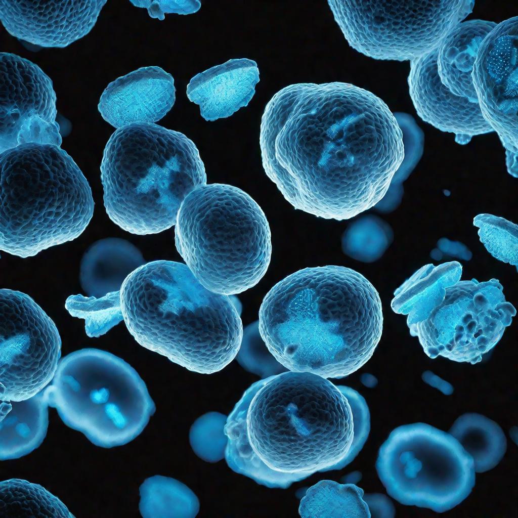 Микроскопическое изображение светящихся голубым светом лейкоцитов на черном фоне