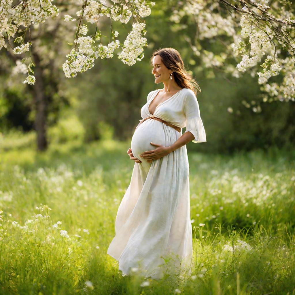 Беременная гладит живот на лужайке