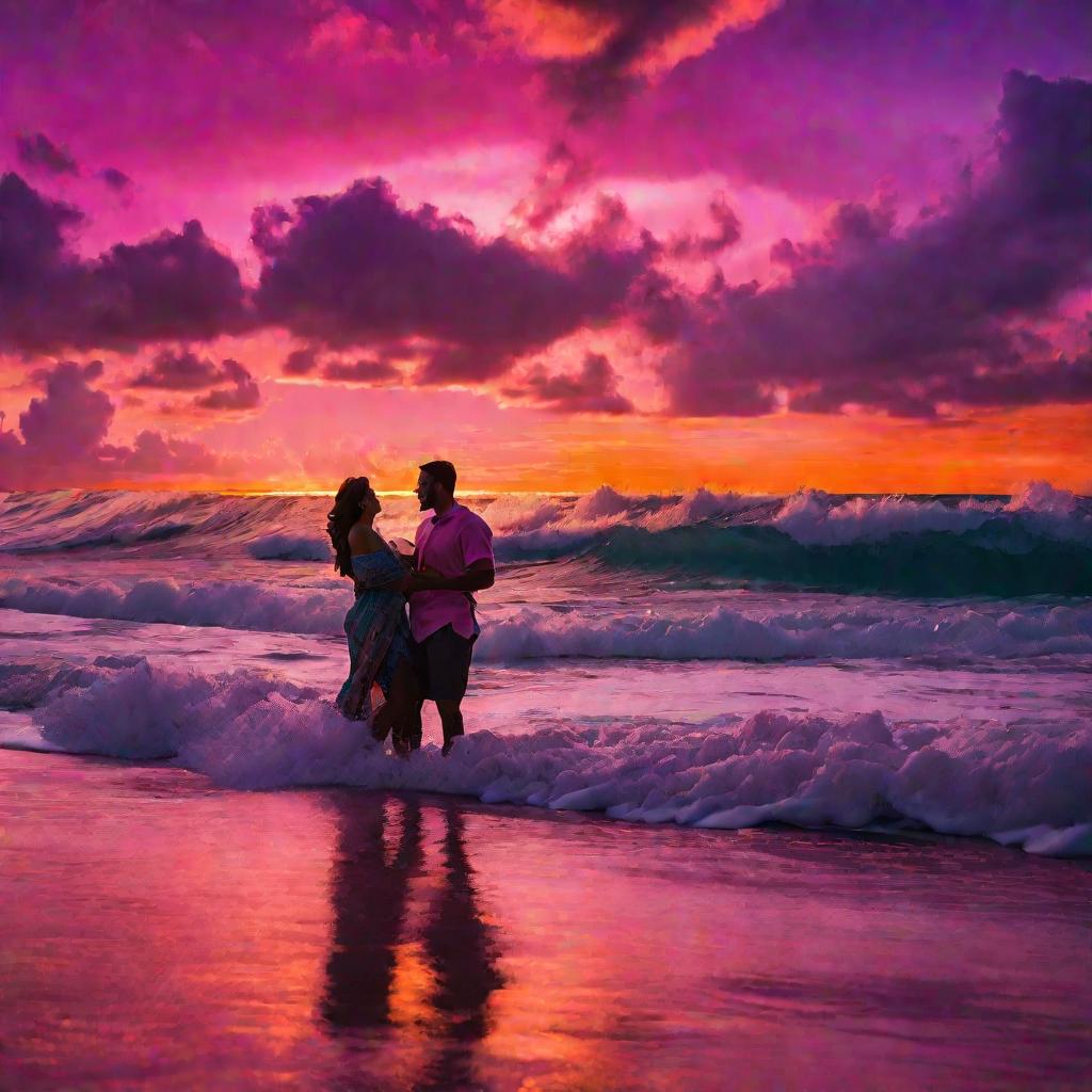 Смеющаяся пара стоит в морской пене на закате