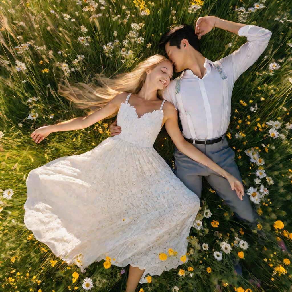 Пара танцует на цветущем лугу на закате