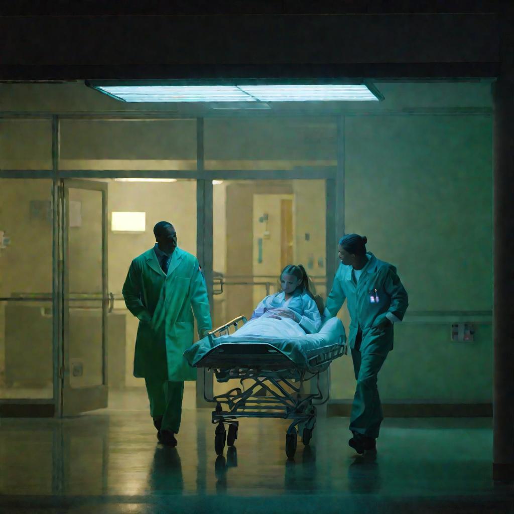 Родители спешат с больным ребенком в больницу ночью