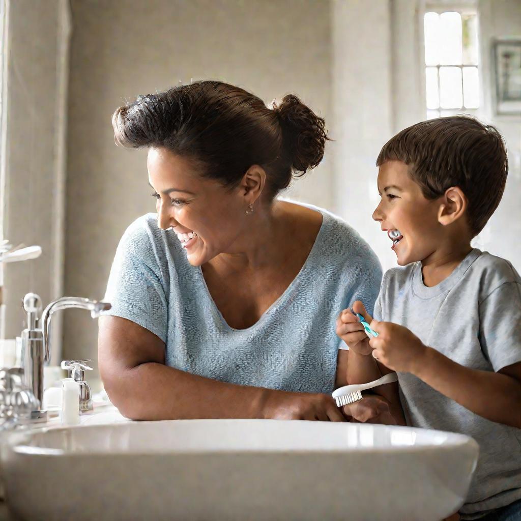 Мама помогает сыну чистить зубы утром