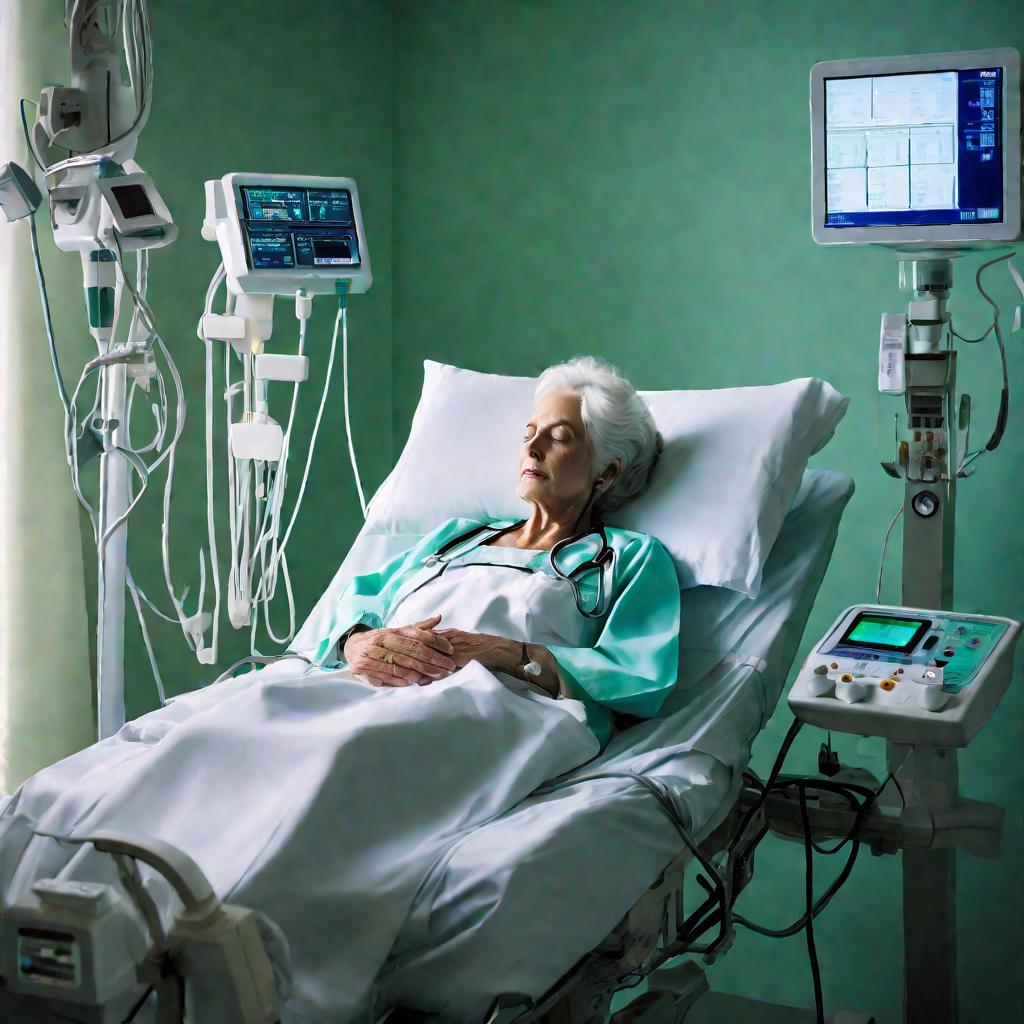 Пациентка в больнице подключена к оборудованию для мониторинга сердечной деятельности
