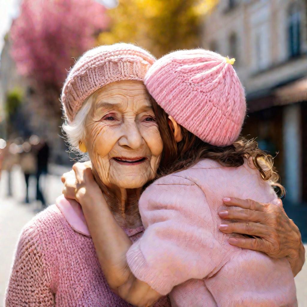 Пожилая женщина обнимается с девочкой на улице