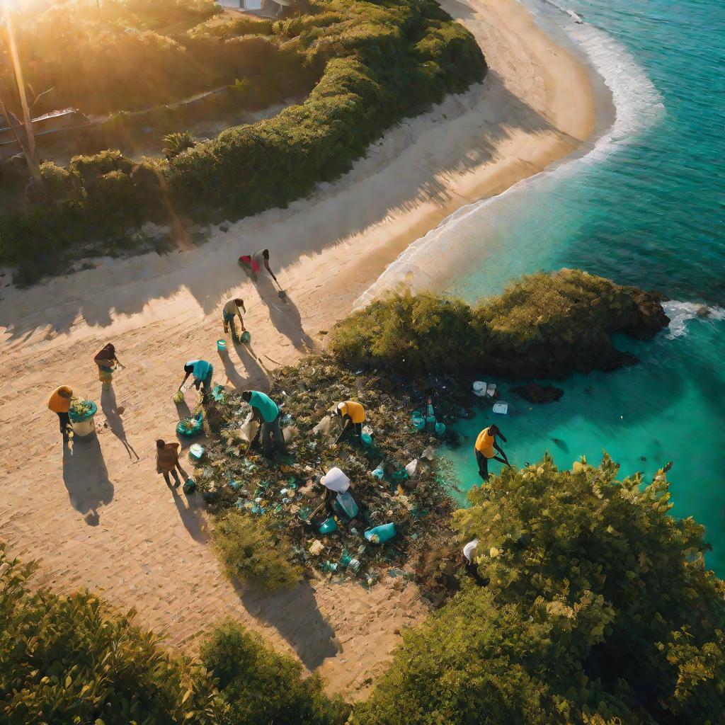 Люди убирают мусор на побережье на закате