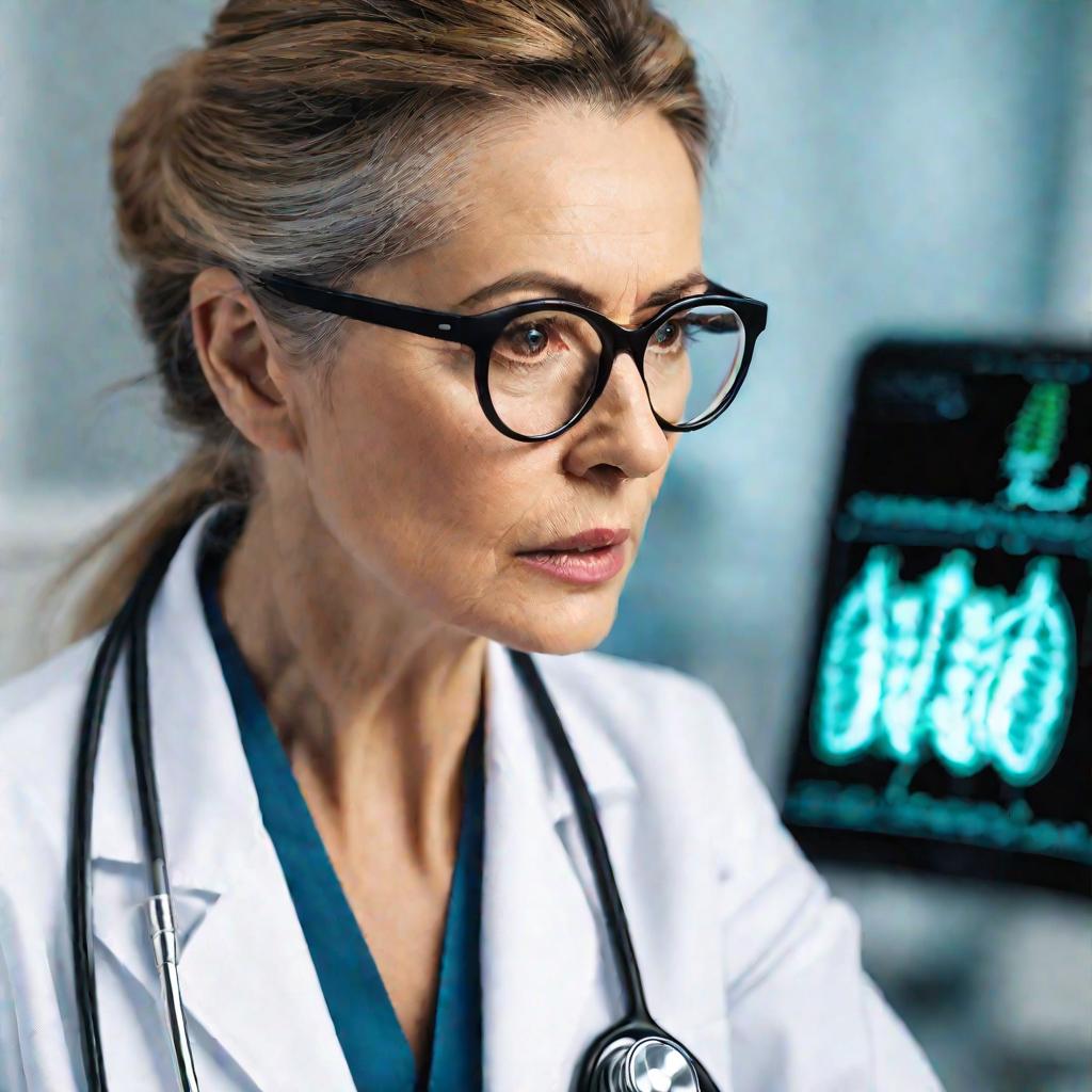 Женщина-врач в очках и белом халате слушает стетоскопом дыхание пожилого пациента в светлом медицинском кабинете