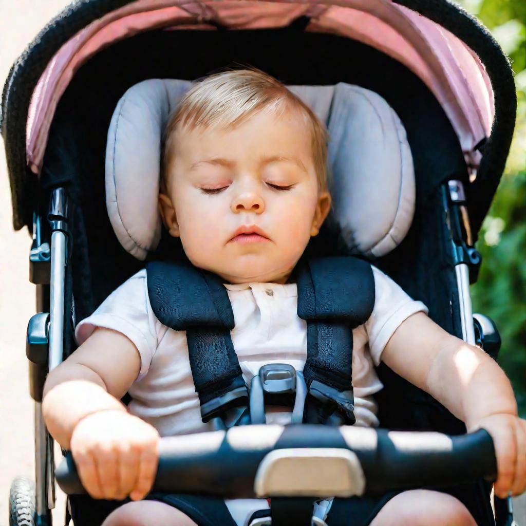 Крупный портрет уставшего ребенка в коляске с красным лицом, полуприкрытыми глазами и потом на лбу. Поверхностное дыхание и опущенная поза тела говорят о тепловом ударе в жаркий летний день