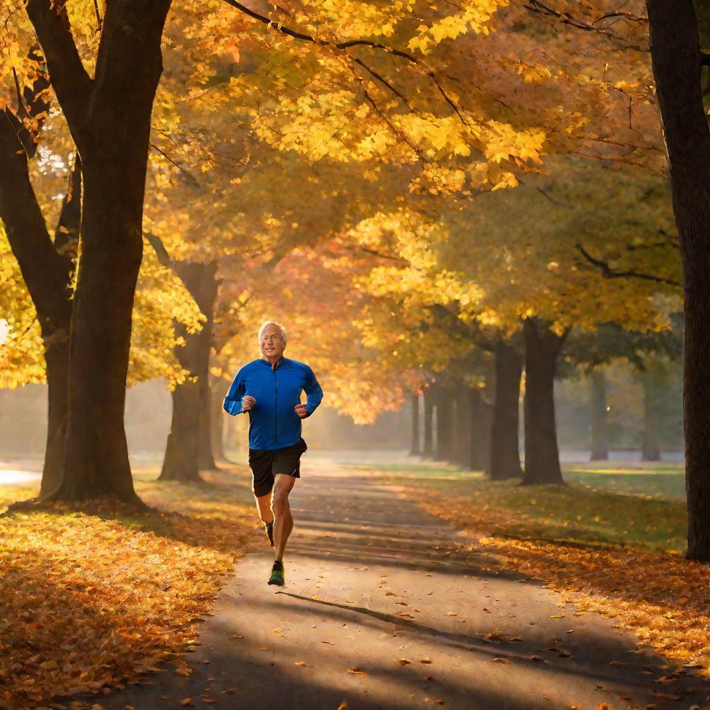 Мужчина бегает по парку осенью, насыщая организм кислородом
