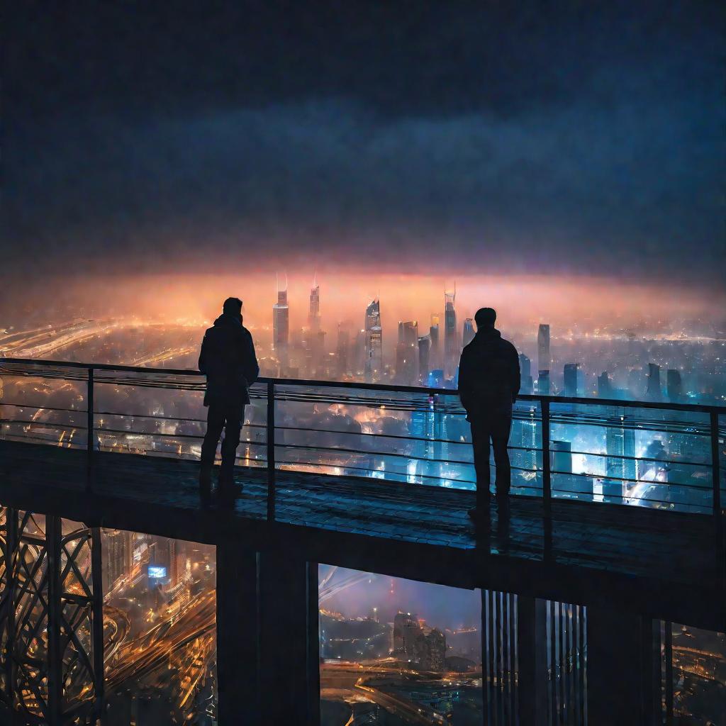 Люди на мосту в тумане смотрят на небоскребы