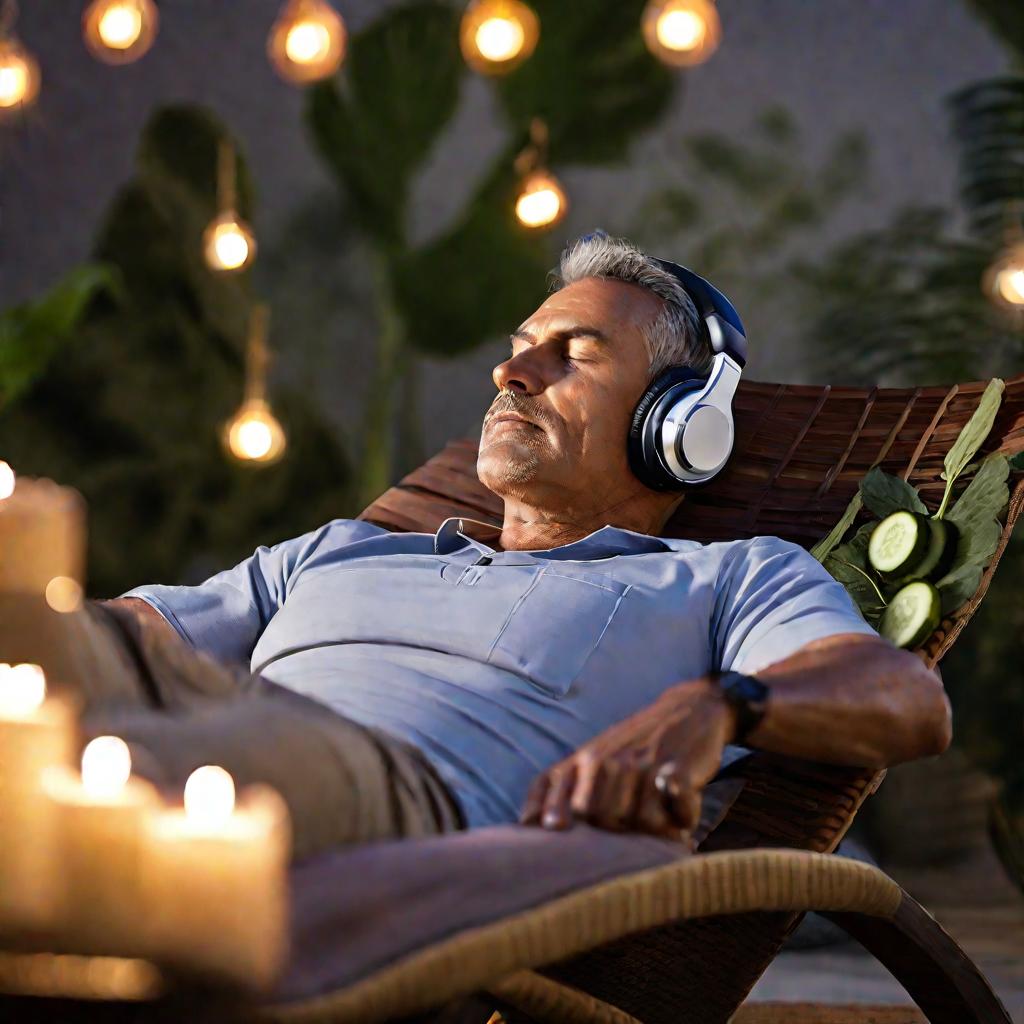 Мужчина слушает музыку с огурцами на глазах в сумерках