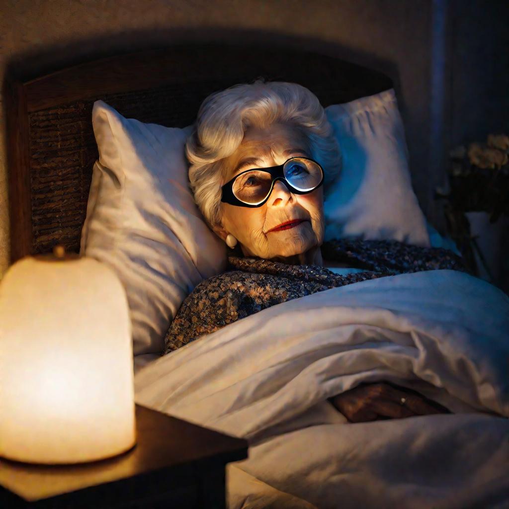 Пожилая женщина в маске для сна ночью в мягком свете лампы