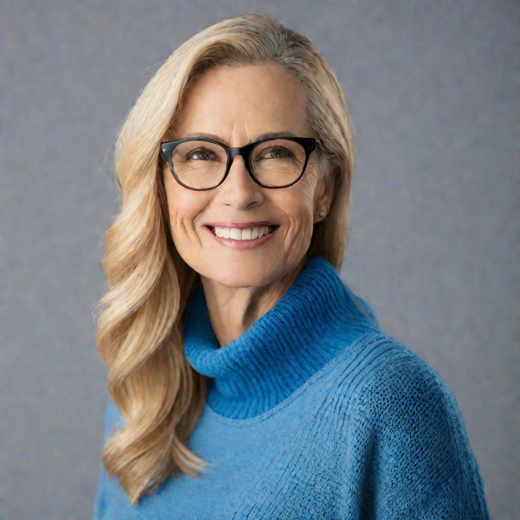 Портрет улыбающейся женщины в синем свитере