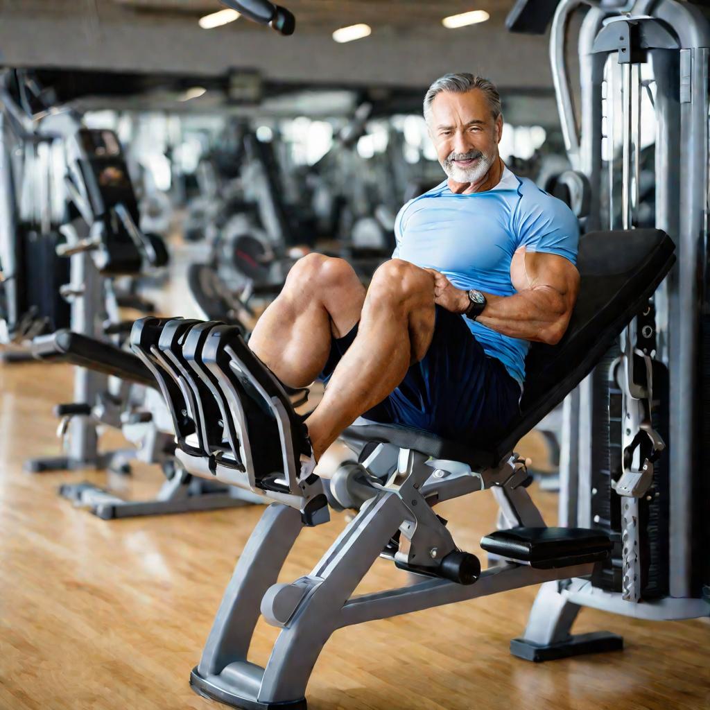 Мужчина среднего возраста на тренажере для разгибания ног в современном спортзале под присмотром инструктора делает упражнения на укрепление колена после травмы, преодолевая легкий дискомфорт