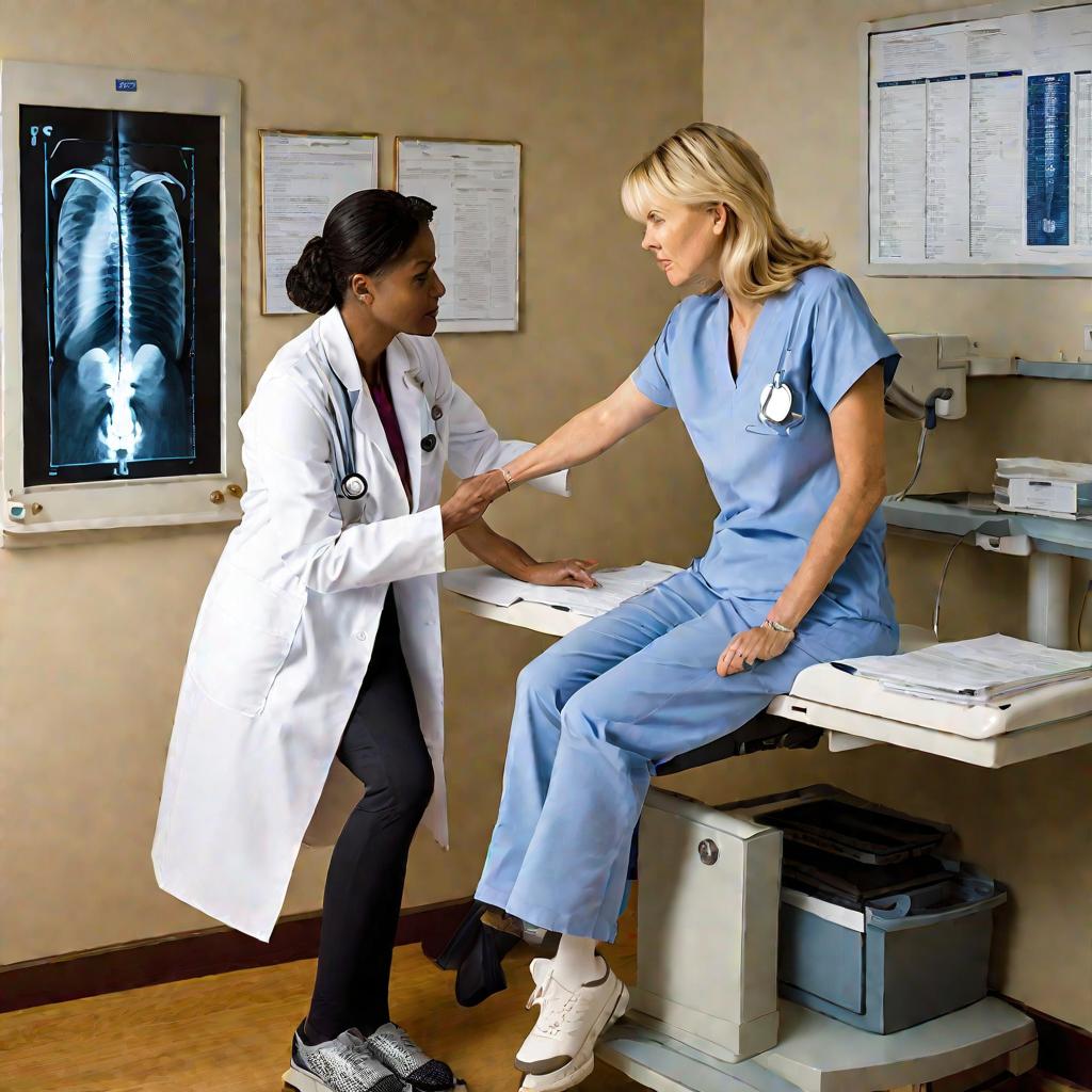 Женщина-врач в белом халате обсуждает с пациенткой снимки ее коленей у рентгеновского наглядного устройства в ярко освещенном кабинете, которые оцениваются на наличие повреждений или заболеваний, требующих лечения