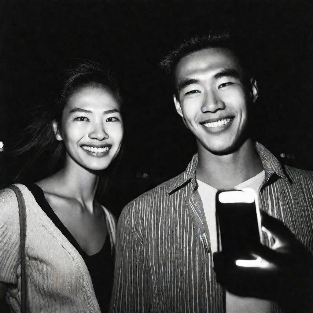 Мужчина и женщина позируют для селфи с неестественными улыбками, вспышка создает невыгодные тени, подчеркивая дефекты кожи и искажения от широкоугольной линзы смартфона.