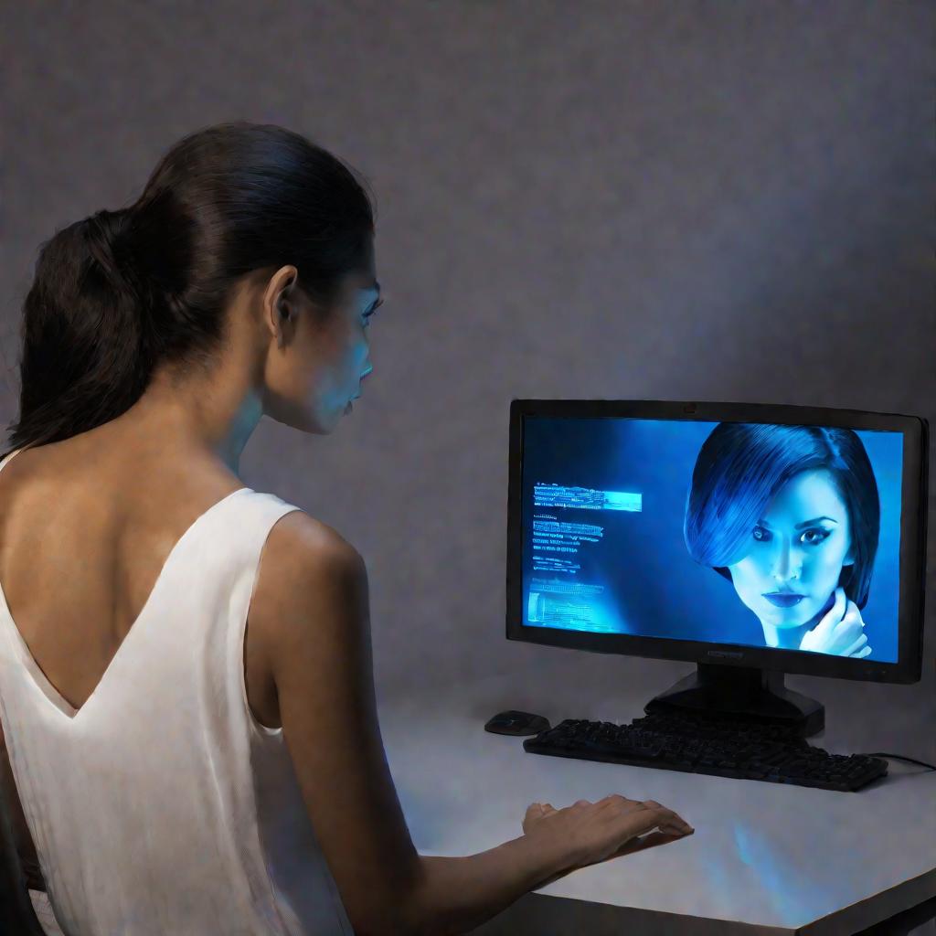 Женщина придирчиво рассматривает свое изображение на компьютере, синий свет монитора освещает ее лицо с критическим выражением, она видит все недостатки и асимметрию, считая себя некрасивой в отличие от зеркального отражения.