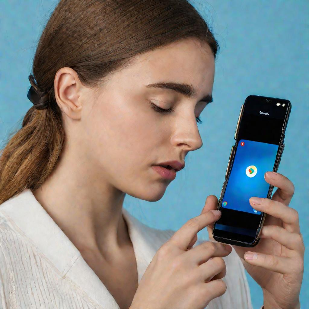 Молодая девушка с беспокойным выражением лица смотрит на телефон со сбоем браузера Яндекс на фоне спокойного голубого фона