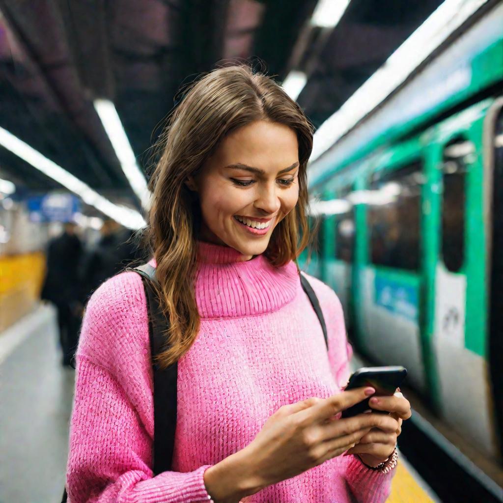 Девушка в метро смотрит телефон