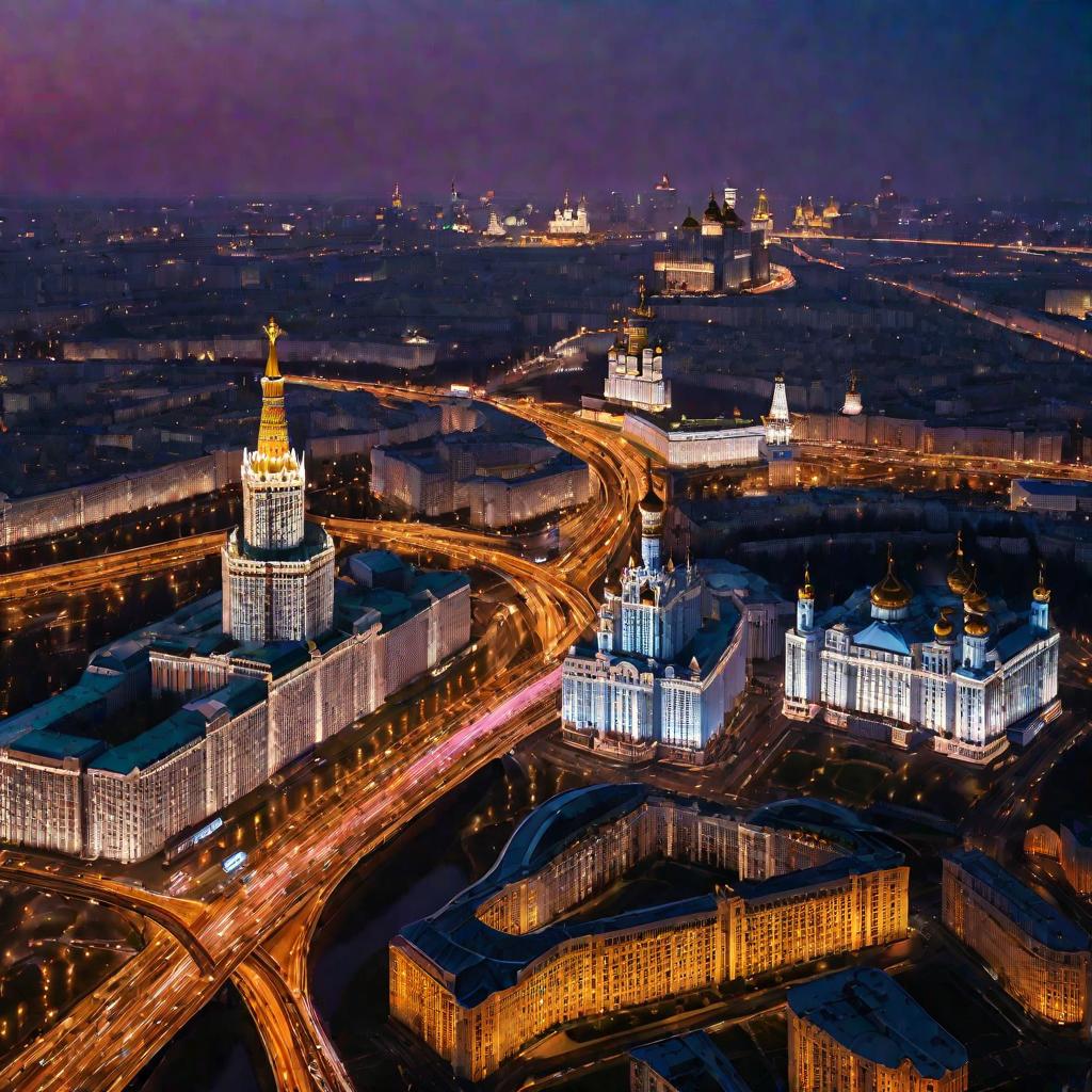 Вид Москвы сверху в сумерках