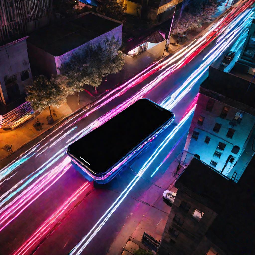 Вид сверху на расколотый экран айфона 11, отражающий яркие неоновые огни ночью на городской улице с размытыми следами от проезжающих машин.