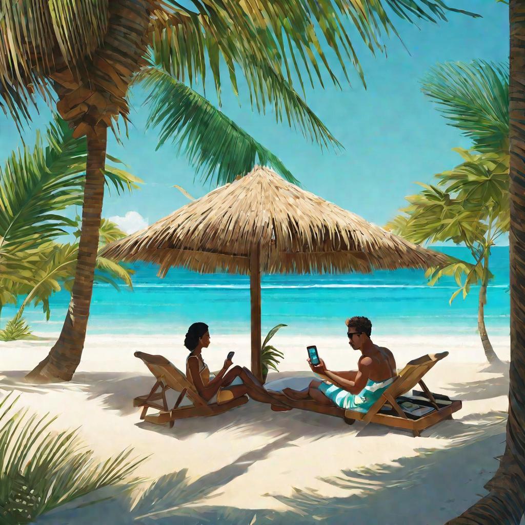Широкий вид с высоты пары, отдыхающей на тропическом пляже в солнечный летний день. Мужчина платит картой Яндекс за напитки в прибрежном баре, а женщина проверяет телефон и улыбается.