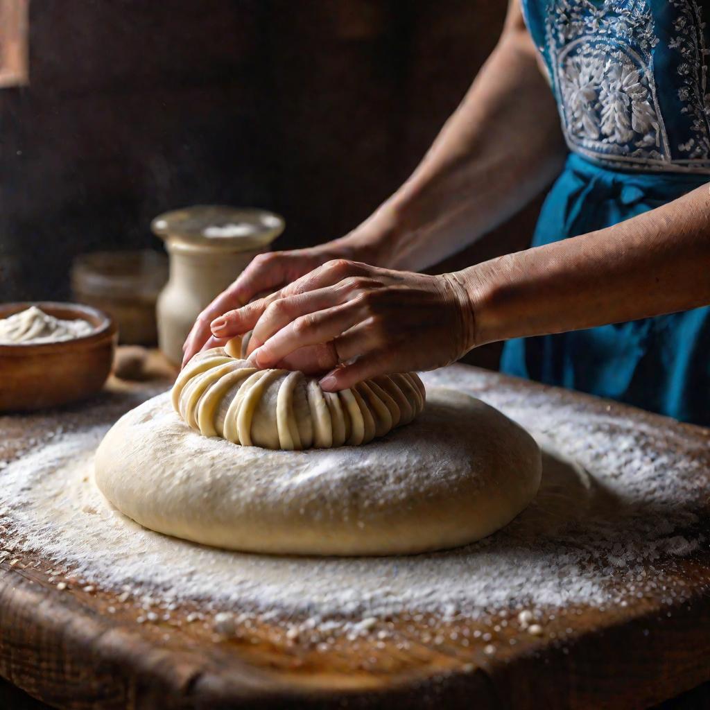 Руки женщины, лепящие тесто для пельменей на столе