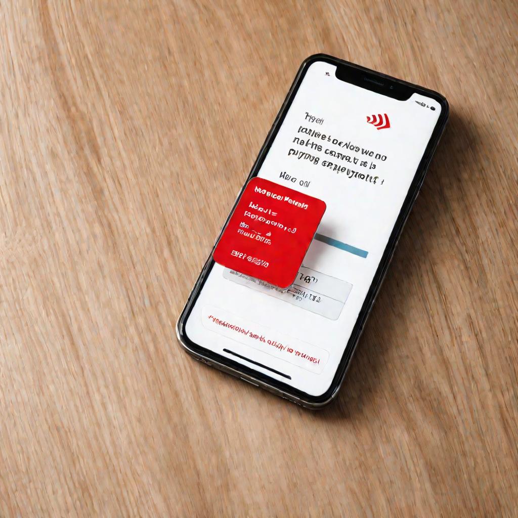 Вид сверху на мобильный телефон, стоящий под наклоном на деревянном столе, с ошибкой оплаты, отображенной красным текстом на белом фоне экрана, при естественном освещении в помещении.