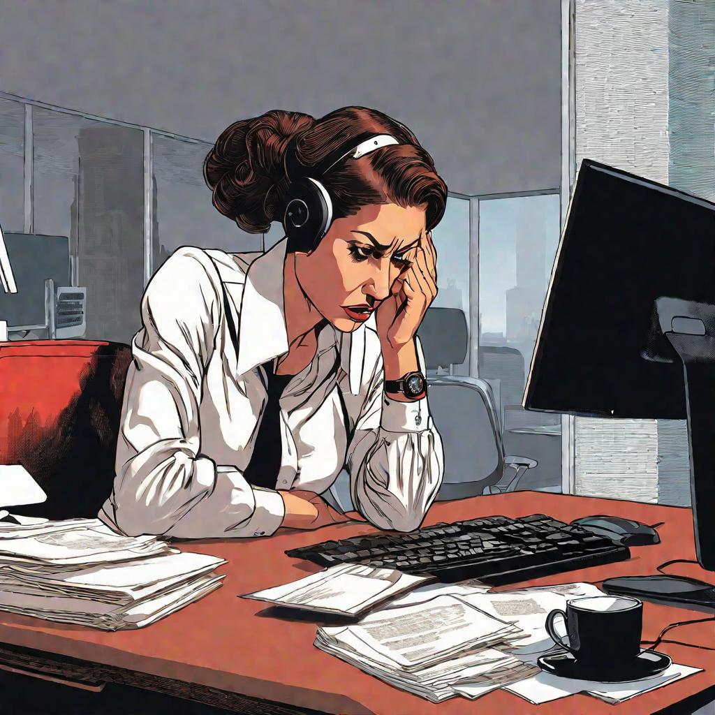 Женщина у компьютера в офисе, выглядит изможденной