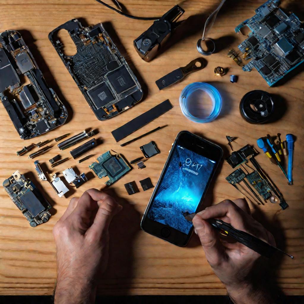 Разобранный iPhone на рабочем столе во время ремонта