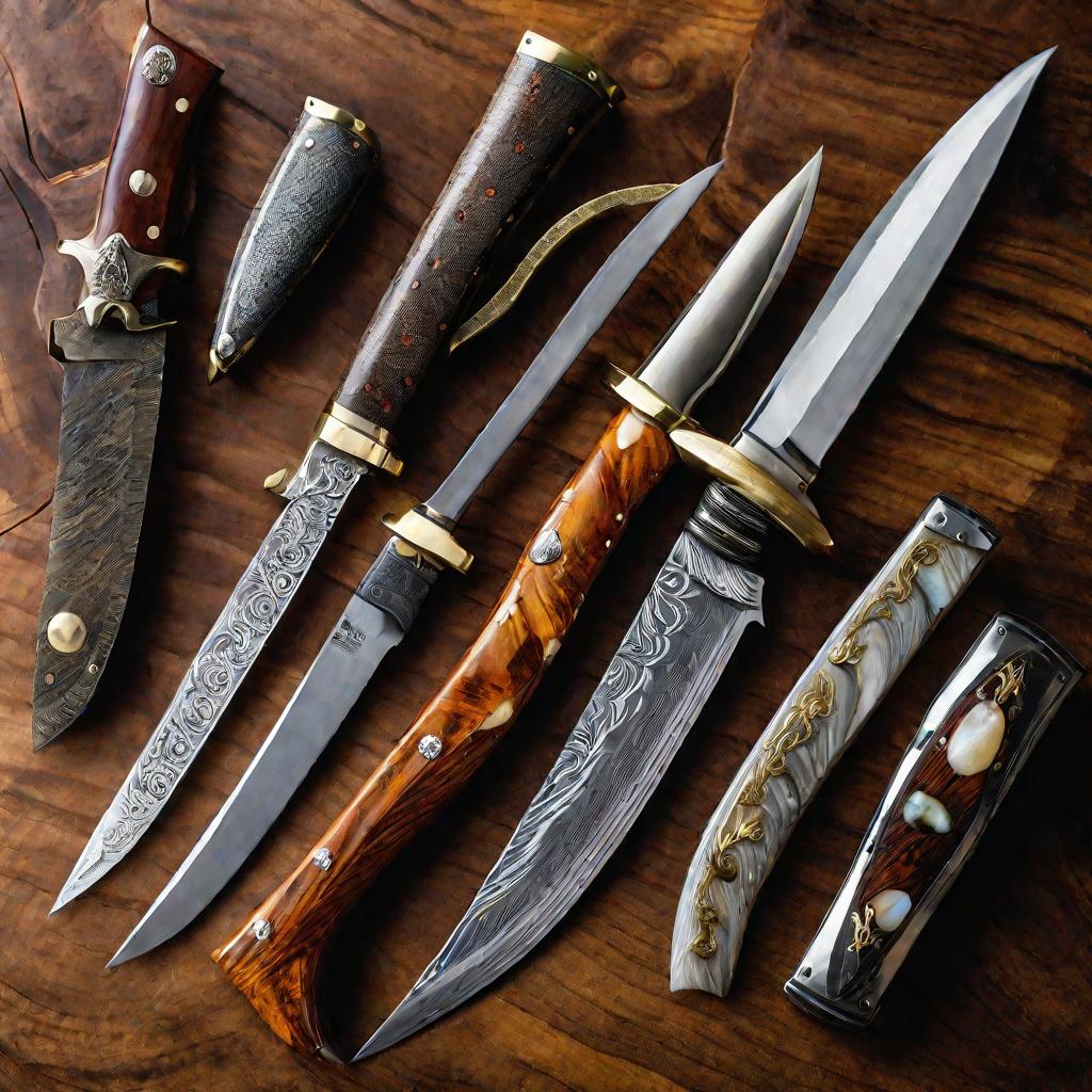 Набор эксклюзивных ножей ручной работы мастера, выложенных на деревянной поверхности стола