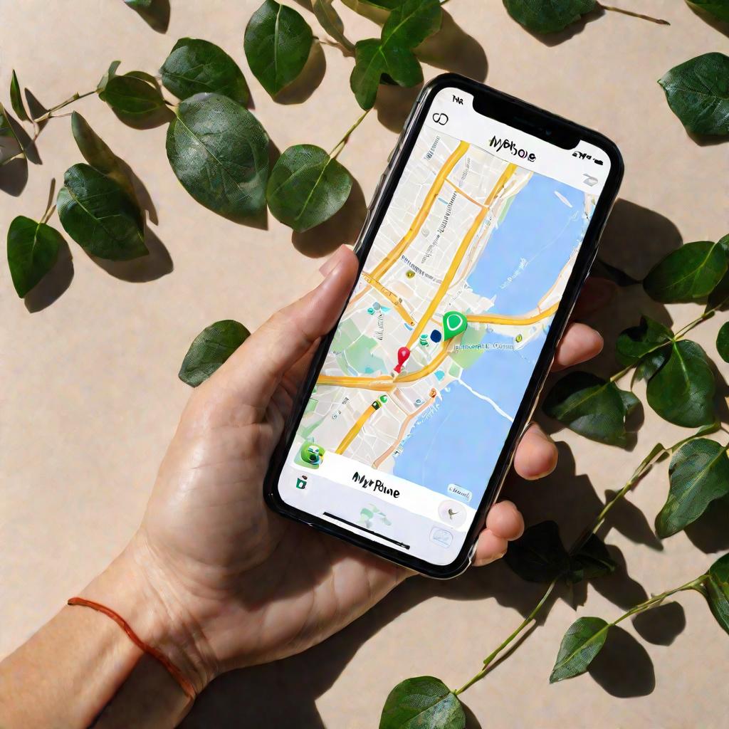 Телефон с приложением Найти, на карте видна метка с именем Айфона