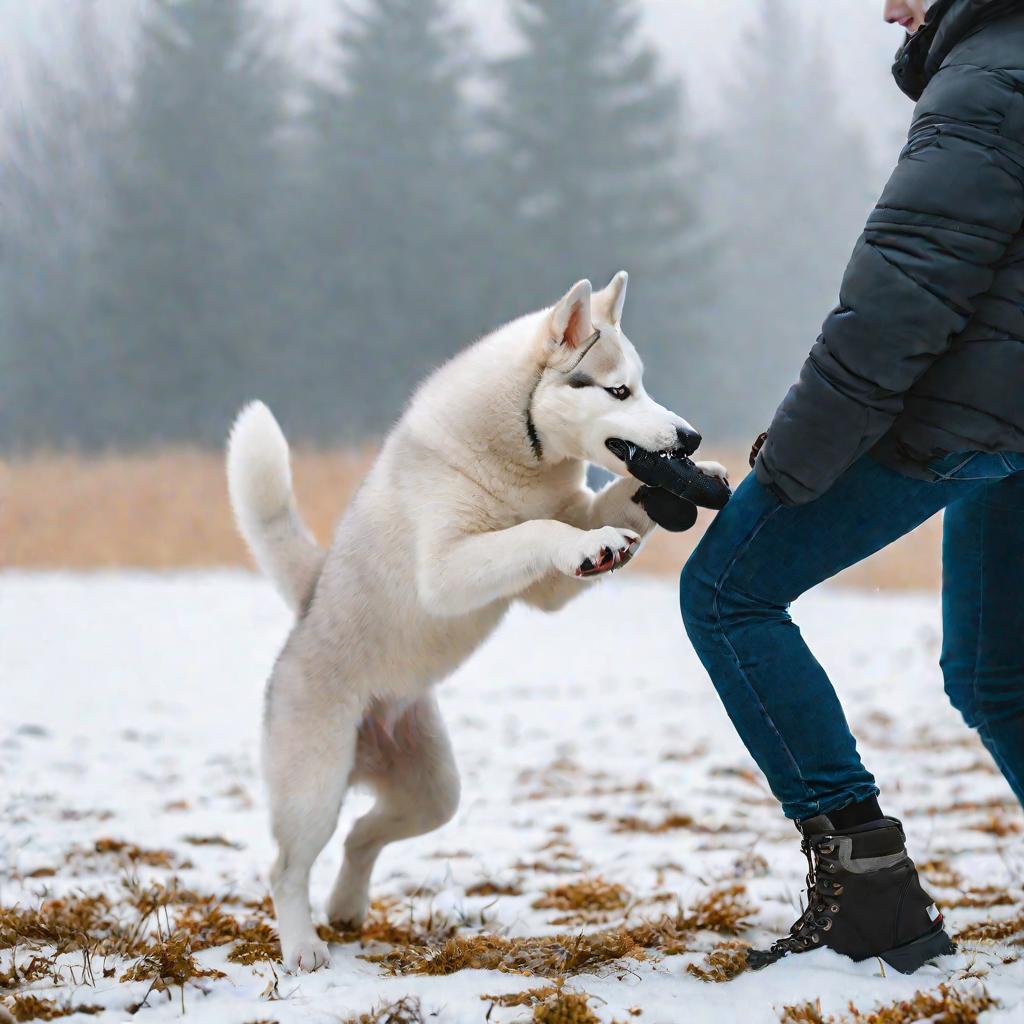 Щенок играет с хозяином