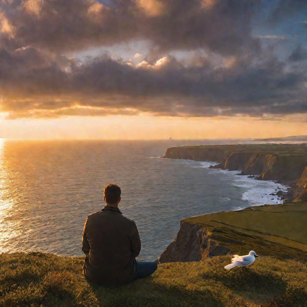 Одинокий мужчина сидит на краю утеса, глядя на океан