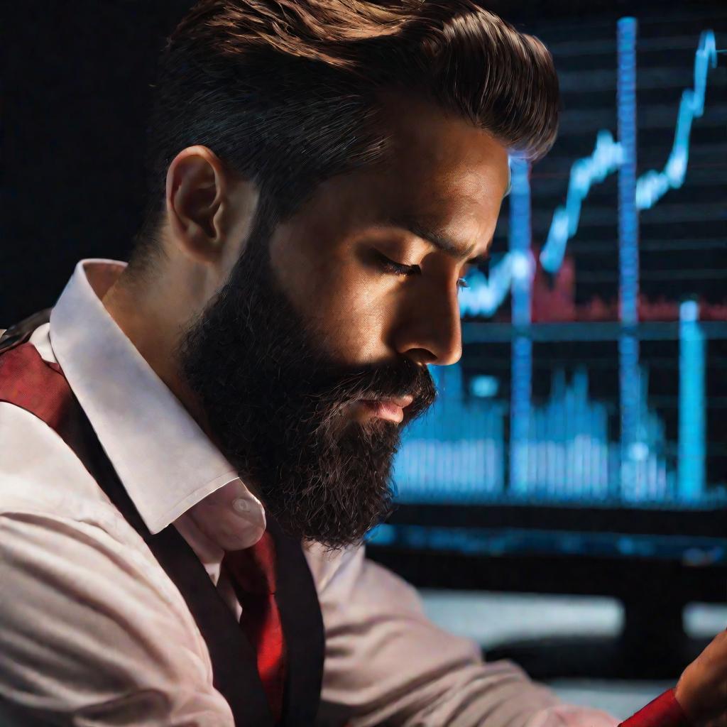 Мужчина с обеспокоенным выражением лица смотрит на график падающих акций на телефоне