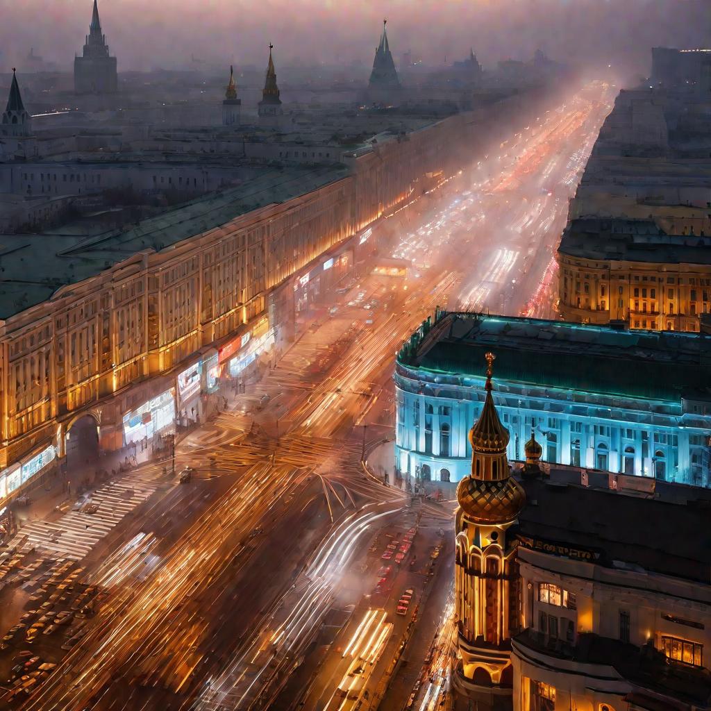 Вид сверху на улицу Москвы в туманный вечер