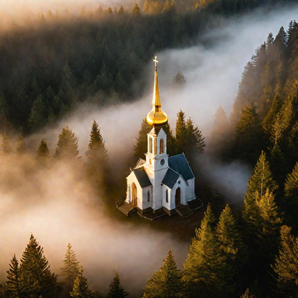 Церковь в туманном лесу в золотом свете заходящего солнца
