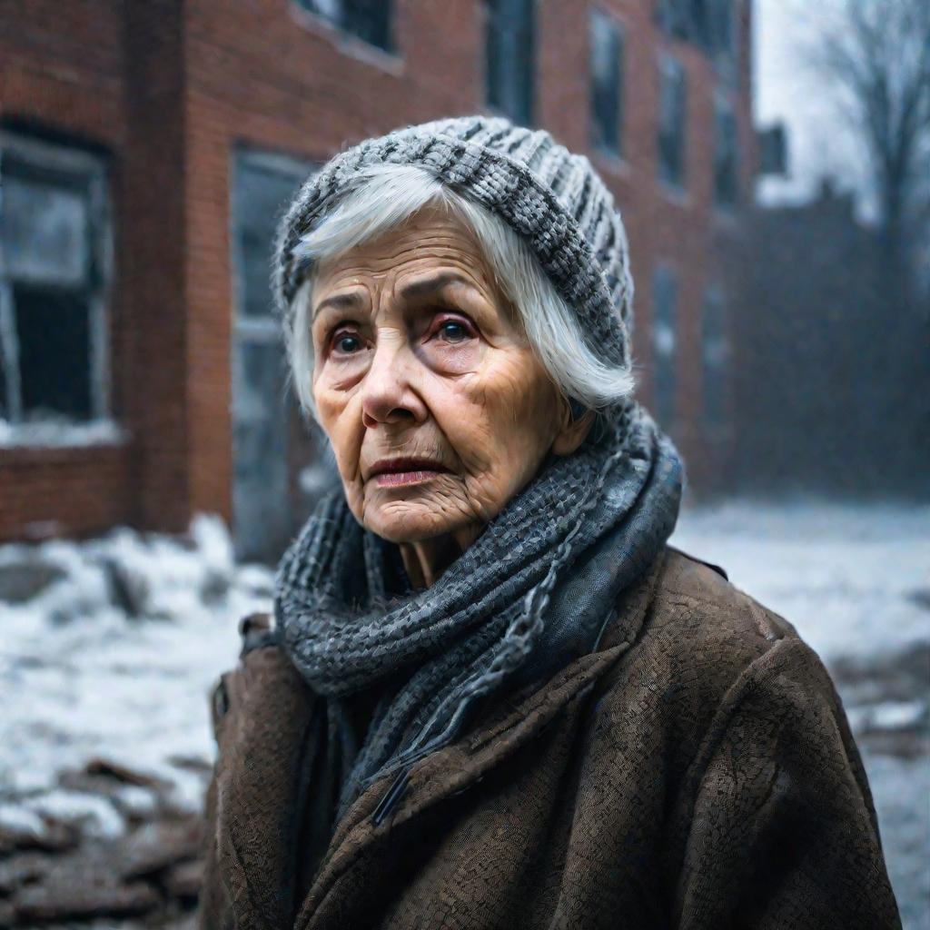 Пожилая женщина на фоне разрушенных домов