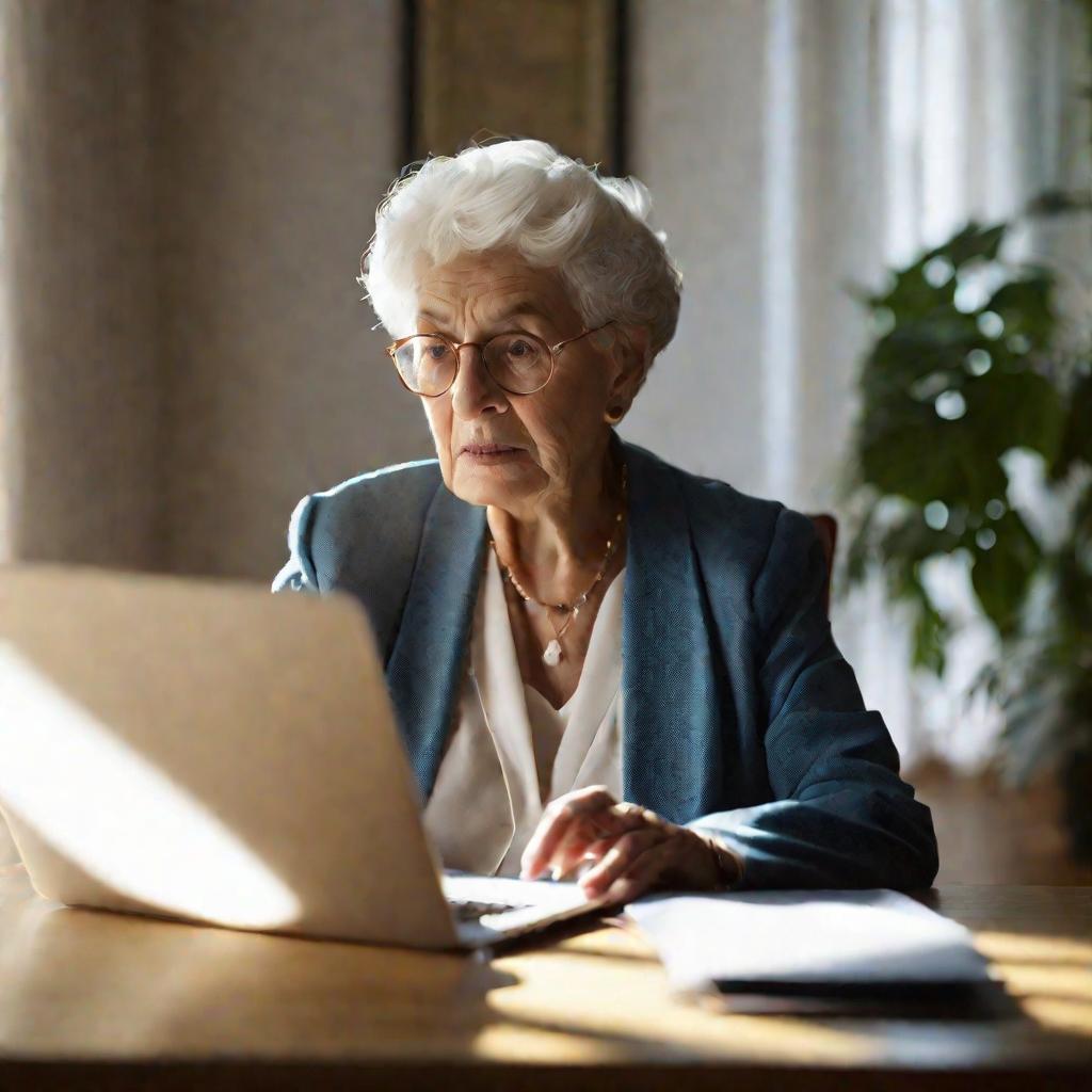 Портрет пожилой женщины, общающейся по видеосвязи с представителем пенсионного фонда