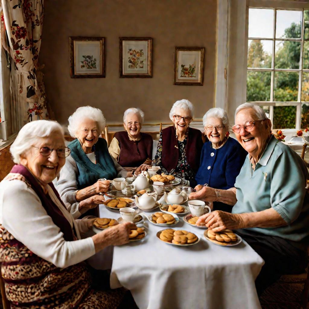 Групповая фотография пенсионеров за чаепитием в клубе по интересам