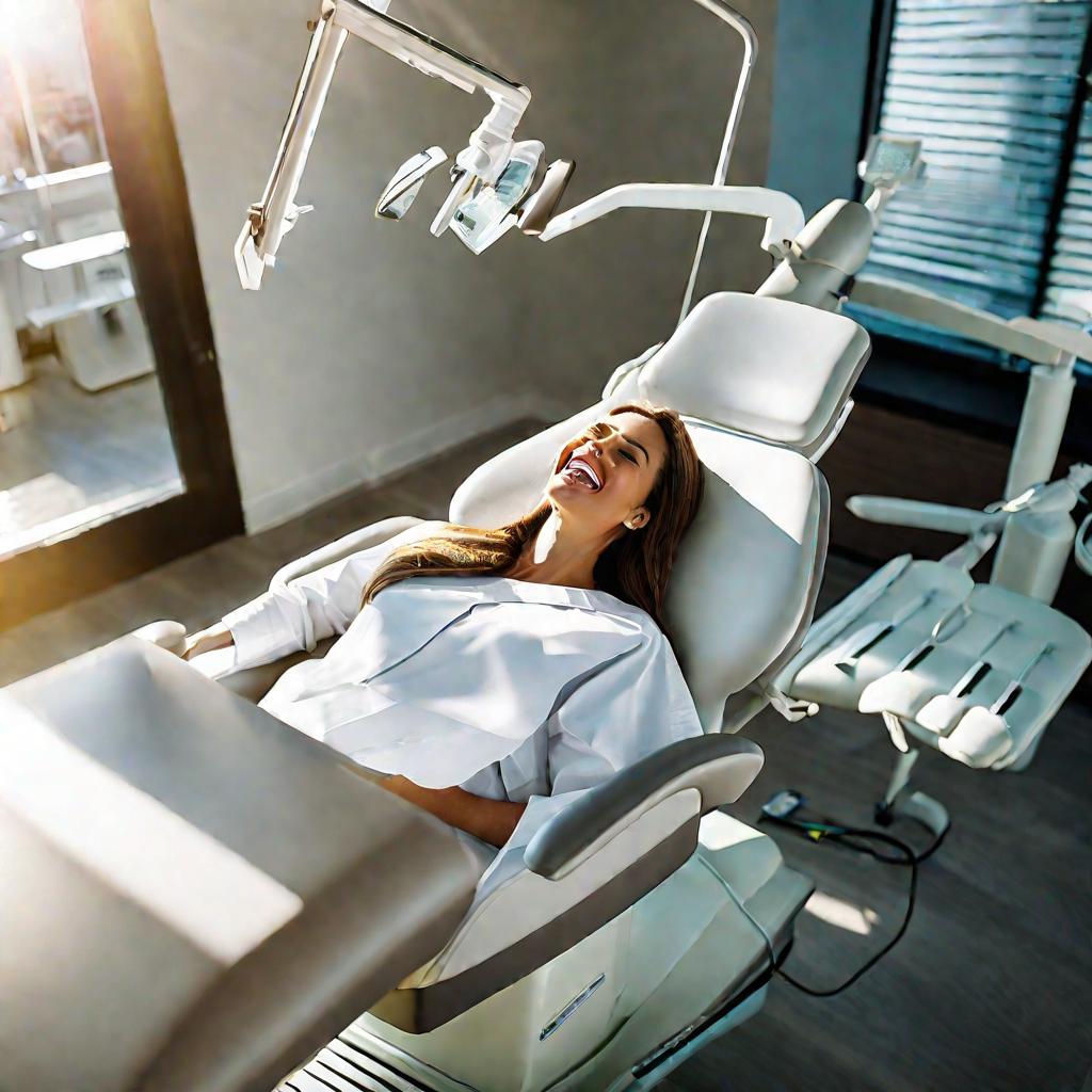 Пациентка в кресле у стоматолога во время процедуры