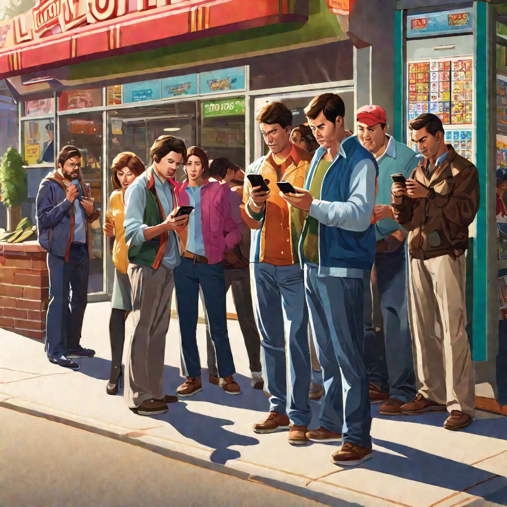 Группа разочарованных игроков лотереи стоят на улице и смотрят в телефоны в ожидании, когда заработает сайт Столото