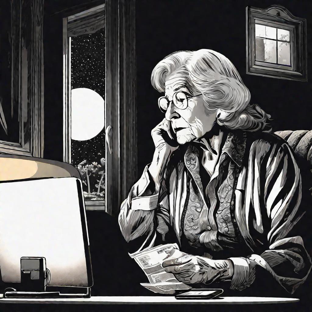 Пожилая женщина ночью сидит на диване с телефоном, в свете которого видно ее обеспокоенное лицо. Она не может зайти на сайт Столото